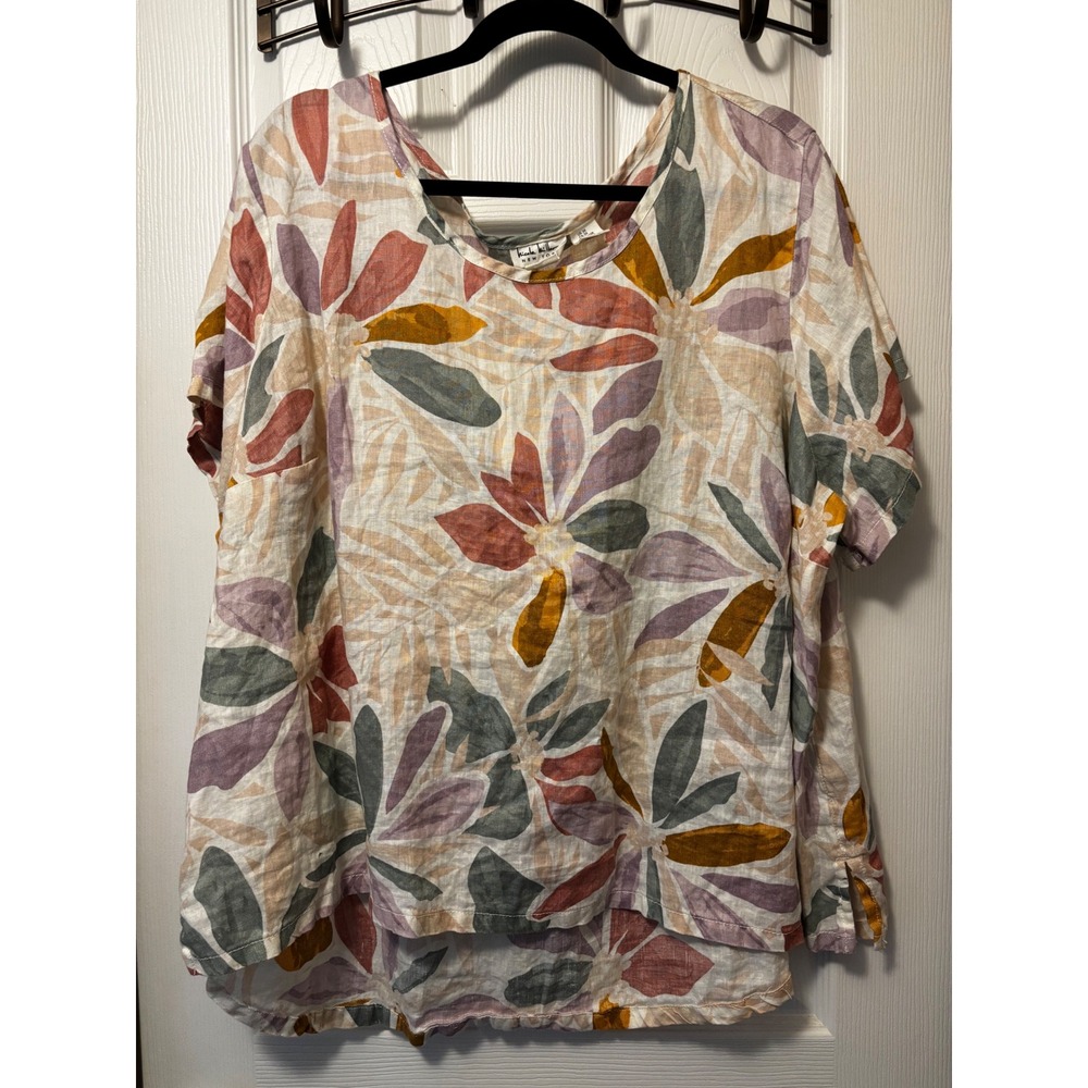 Nicole Miller New York 100% Linen Floral Blouse Top Womens 3X Plus Size Multi